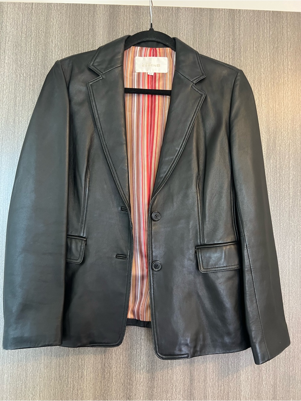 Striped-Lined Black Leather Blazer Jacket